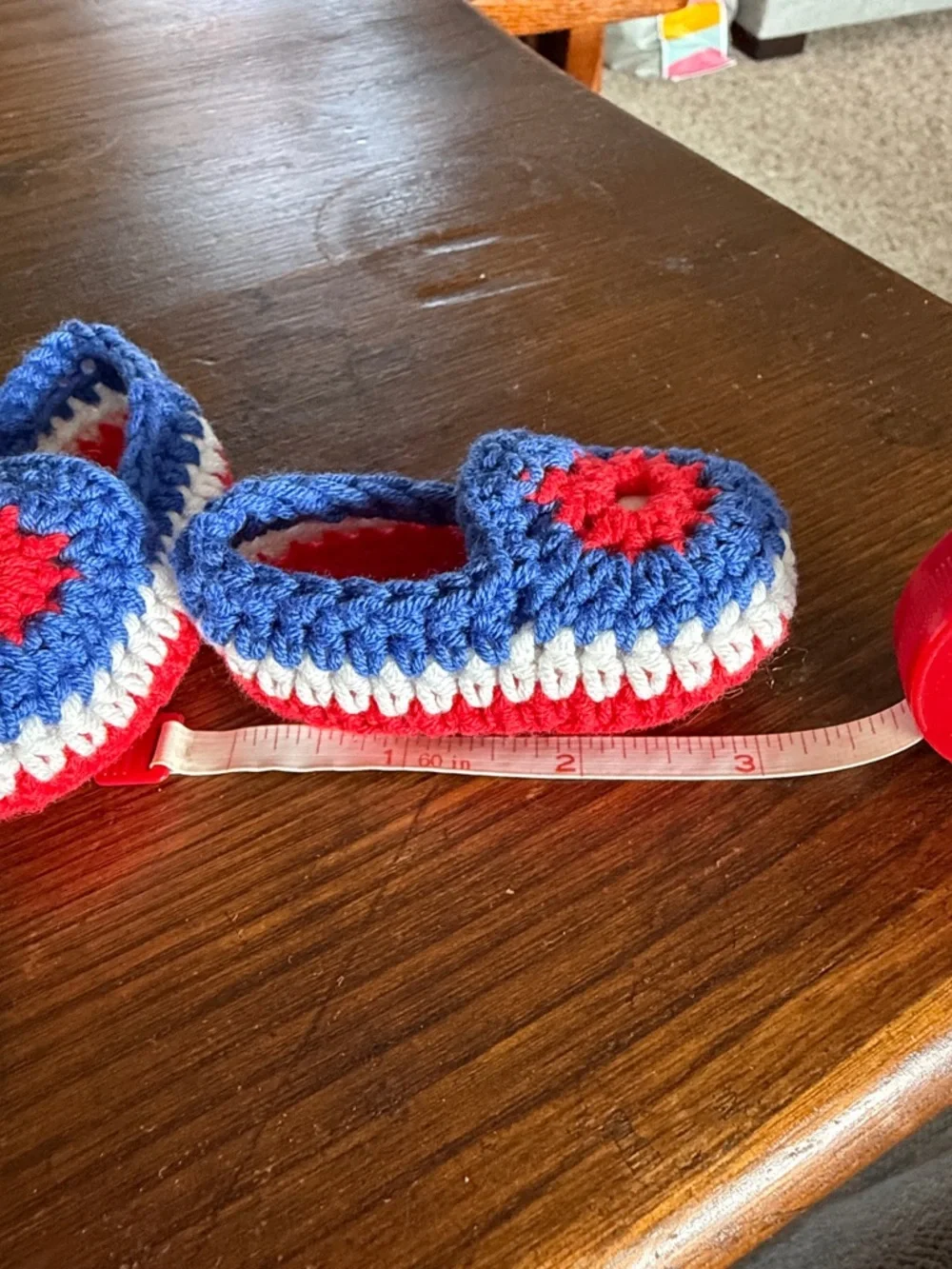 Crochet Kids Moccasins in Blue, Red & White
